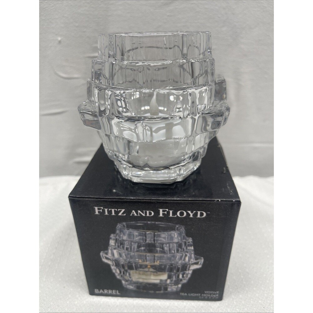 Fitz and Floyd Fairmont Glass Votive Tea Light Barrel Candle Holder Box Nice!